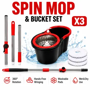 360° Spin Mop and Bucket System with Wringer Set, Stainless Steel Basket & Adjustable Handle, Easy Wringing Floor Cleaning Mop Bucket with Soap Dispenser and 3 Extra Microfiber Heads for All Floor Types