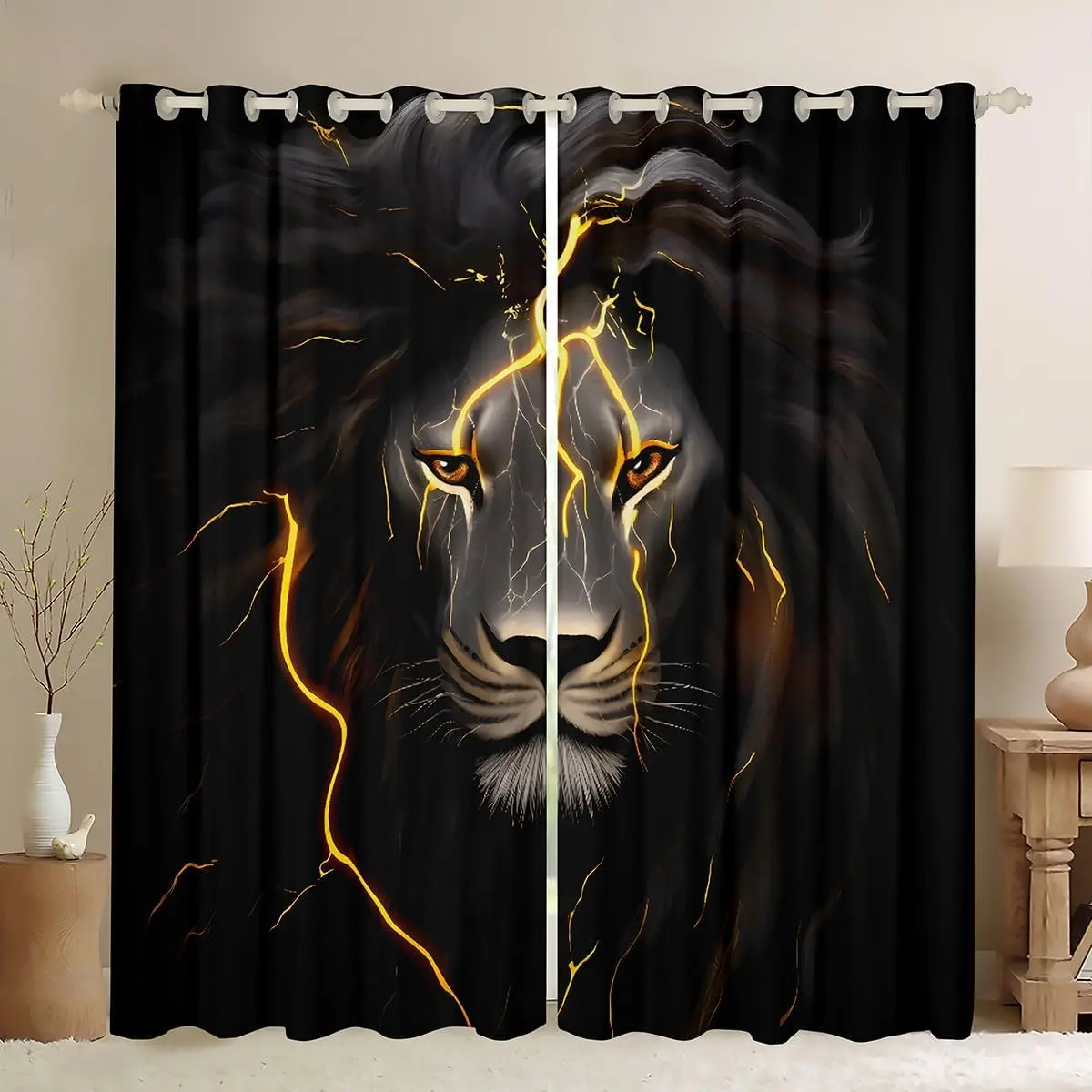Feelyou All-Over Print Gold Lightning Lion Head Window Curtains, Dark-Colored African Safari Animal Decorative Drapes for Living Room & Men, Grey-Black Wildlife Window Treatments, All-Over Print Curtains, Dark-Colored Curtains