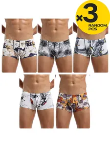 Men's Ice Silk Printed Briefs, 2-4 Pcs Set, Breathable Quick-Dry Low Waist, Cartoon Design, Comfortable Fit, Random Colors, Youthful Style