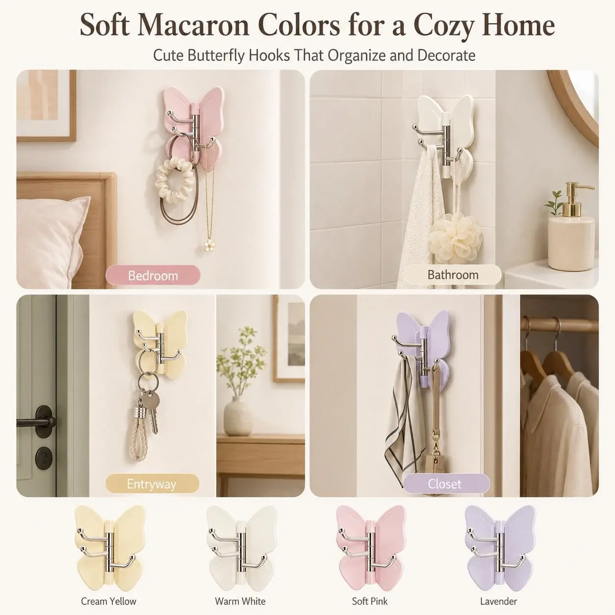 Household 12-Pack Butterfly Shape Adhesive Backing Swiveling Hook - 270° Rotating Triple No-Drill Wall Mounting Organizer, Decorative Look Hanger for Home Bathroom Towels, Keys for Everyday Use