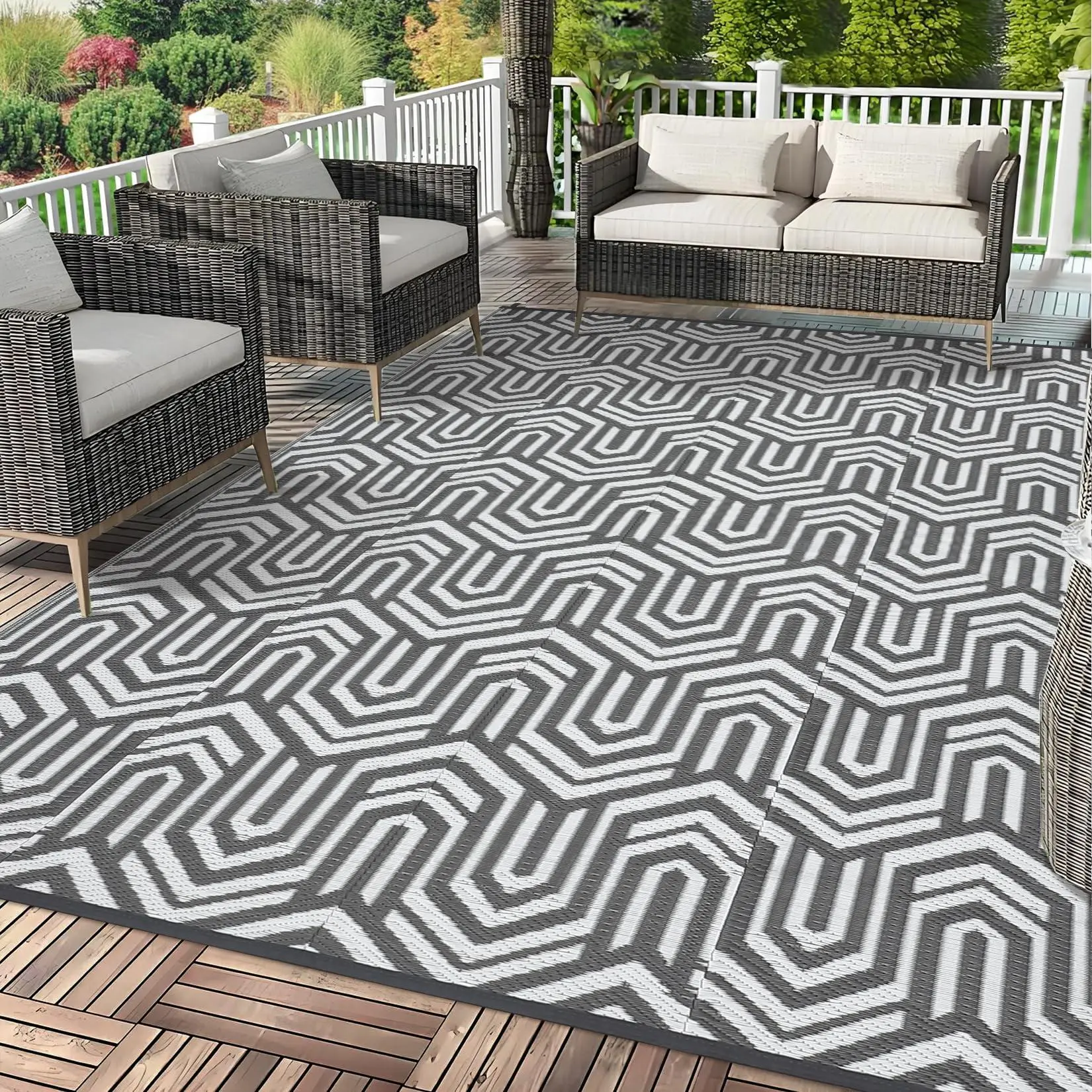 8'x10' Outdoor Rug Waterproof – Heavy Duty Patio Mat for Deck, Balcony, RV & Camping – Low Pile Reversible Plastic Mat with Geometric Pattern – Easy Clean, Hose Wash, UV Resistant, Gray