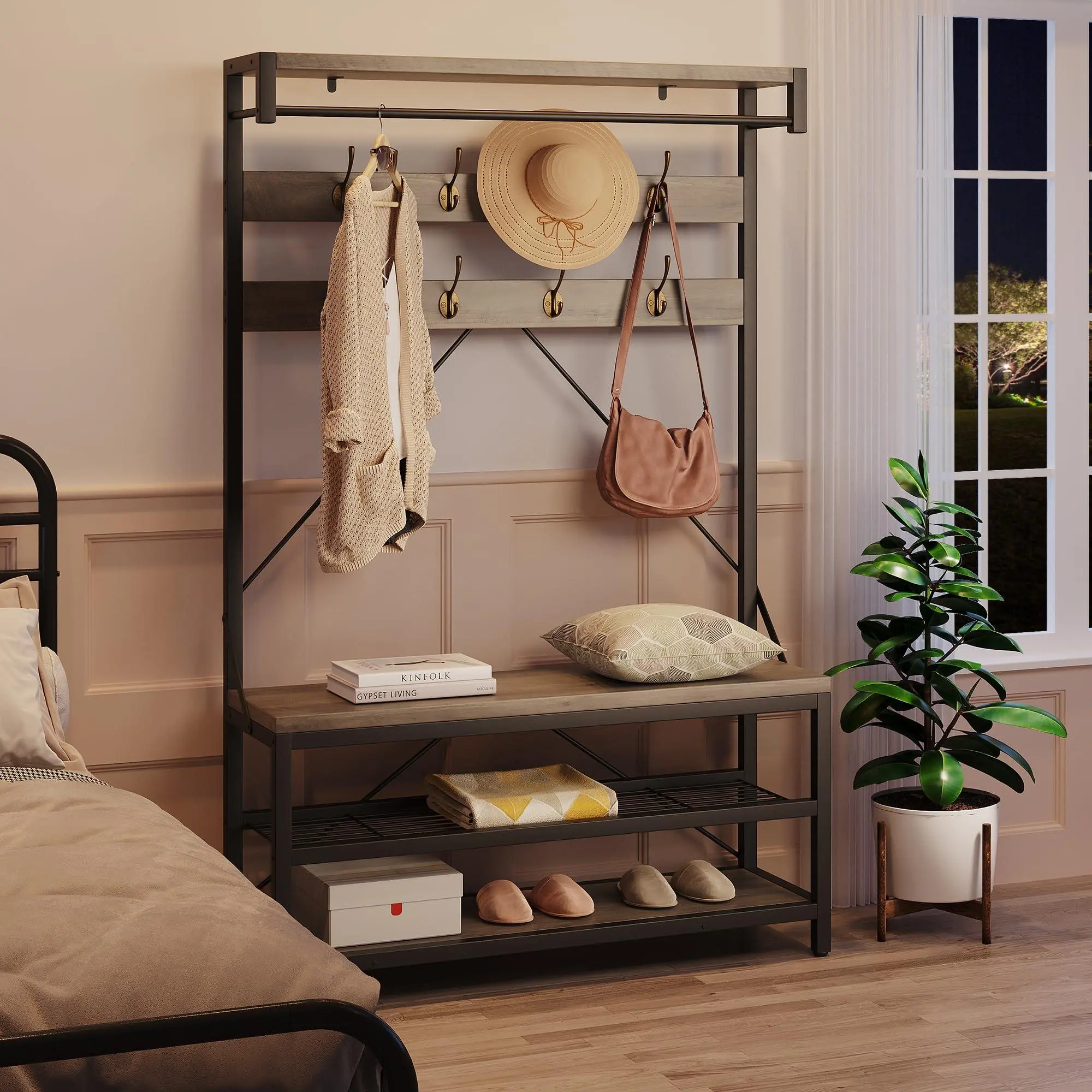 Gaomon 40" Multifunctional Rectangle Rustic Industrial Steel Hall Tree - Adjustable Bench, Shoe Rack, Shelf, Hanging Bar, 8 Hooks, Closet Organizer, Wall-Mount Display Storage Unit for Entryway, Mudroom (Gray)