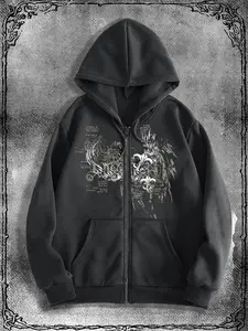 Unique Gothic Style Printed Long Sleeve Fitted Zipper Hoodie for Men, Fashionable Streetwear for Casual Occasions, Perfect Fit for Fall & Winter, Sweatshirts