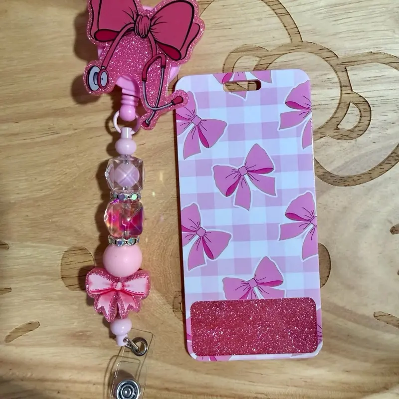 Medical Pink Bow Badge Reel and Badge Buddy
