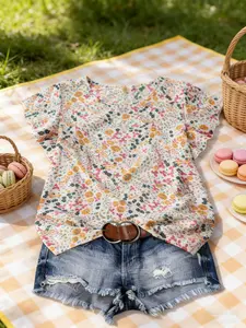 Women's Boho Floral Blouse, Round Neck Short Sleeve Top, Casual Loose Fit Summer Shirt, Breathable Soft Fabric, Versatile Fashion