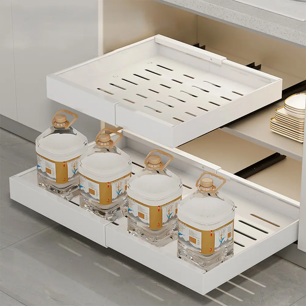 Expandable Pull Out Cabinet Organizer, Heavy Duty Slide Out Drawers, Fixed With Adhesive, Expandable Cabinet Pull Out Shelves For Kitchen Pantry Bathroom