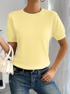 Elegant Bubble Sleeve Knit Short Sleeves Top, Soft Round Neck Design for Spring Summer, Gentle Style Casual Wear Womenswear