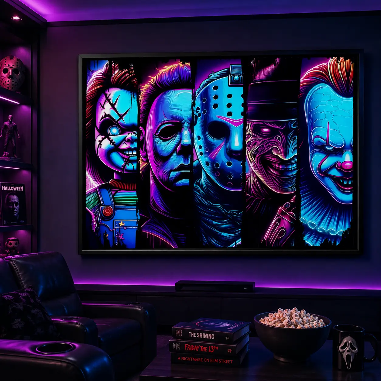 Framed Neon Horror Movie Character Wall Art Glowing Spooky Slasher Picture Decor for Living Room Man Cave Halloween Decoration Gift