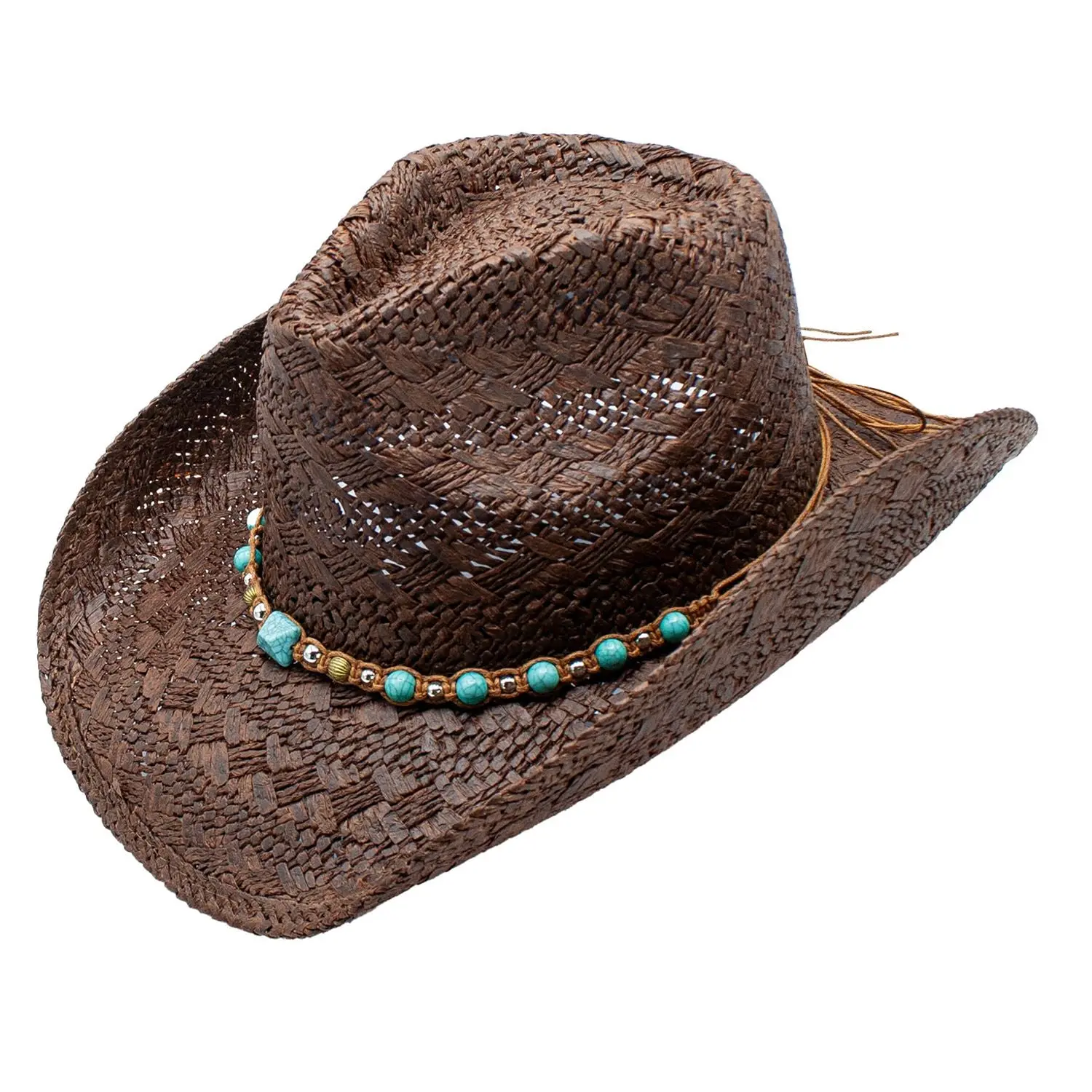 Sombrero Vaquero Chocolate - Banda Turquesa Palma - Straw Western Cowboy Hat