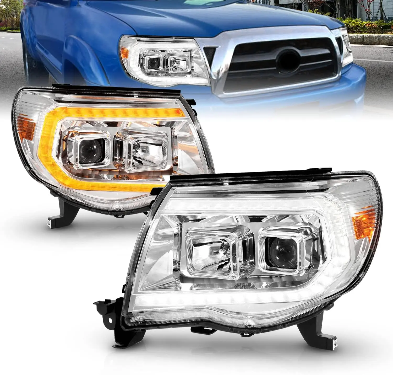 AmeriLite for 2005-2011 Toyota Tacoma C-Type Switchback LED Tube Signal Square Projector Chrome Headlights Pair - Passenger and Driver Side