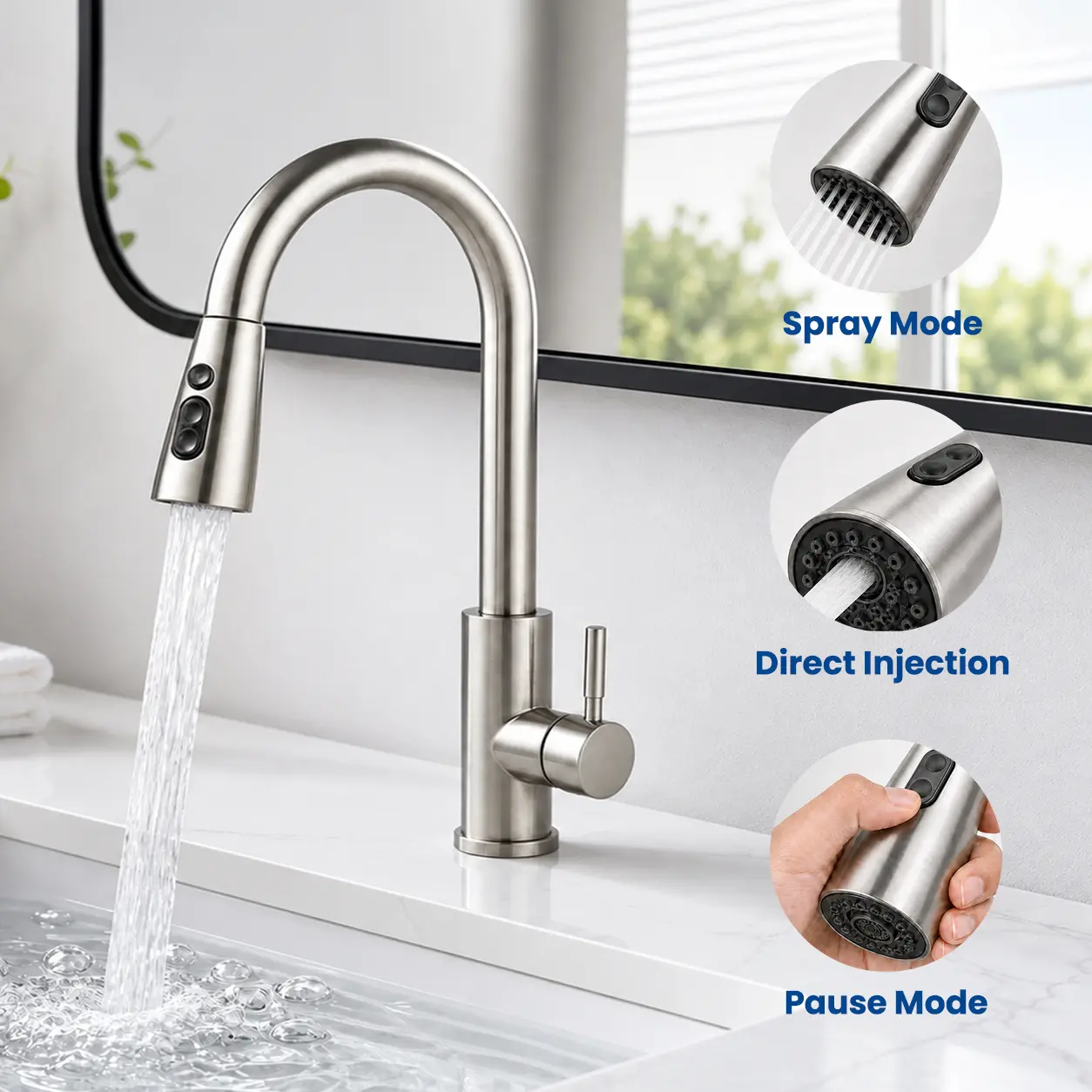 Brushed Nickel Modern Pull-Down Kitchen Faucet - High Arc Gooseneck Spout, 360° Swivel Single Handle, 3 Spray Modes