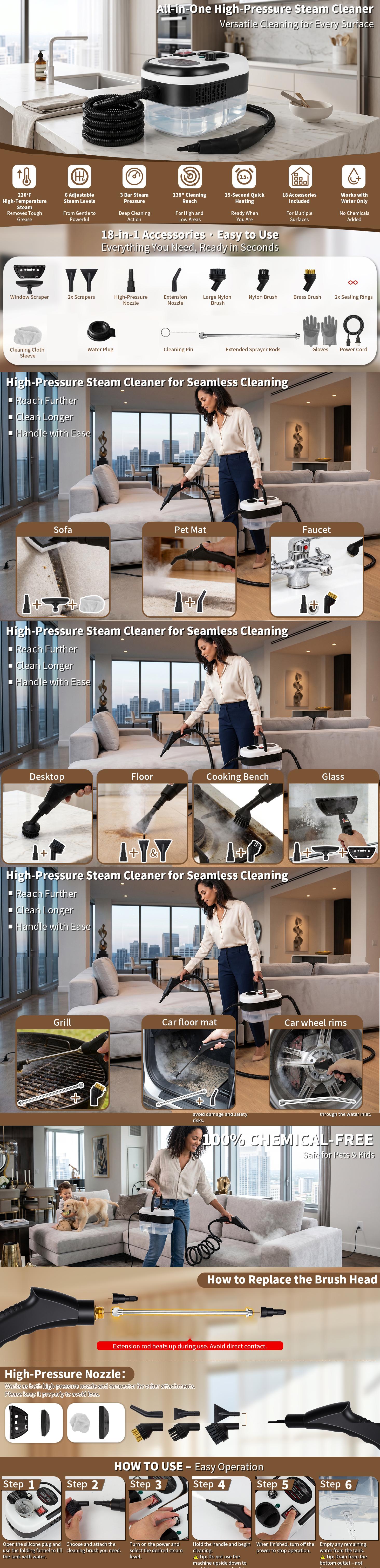 High-Pressure Steam Cleaner 2500W Handheld Steam Cleaner High Temperature Pressurized Steam Cleaning Machine Portable Car Steamer with Brush Heads (White),back to school,back to school haul