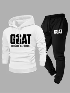 Men's 2 Piece GOAT Streetwear Tracksuit Set - Hoodie & Jogger Sweatpants for Casual Athletic Outfits | God Over All Things Graphic Print | Black & White Matching Sweatsuit | Comfortable Loose Fit for CloudComfort Styles