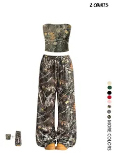 Women's Crop Tube Top & Camo Print Wide Leg Pants Two-Piece Set, Casual Fashion Cozy Two Piece Set for Daily Outdoor Wear, Ladies Clothes for Summer, Womenswear