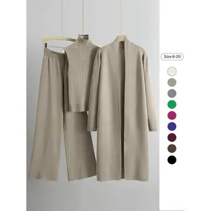 Women’s Three-Piece Set: Solid Turtleneck Tank Top, Wide-Leg Pants, and Open-Front Long Cardigan — Casual and Comfortable? Cozy three-piece fashion outfits for daily outdoor wear, women’s casual wear for fall and winter, everyday wear