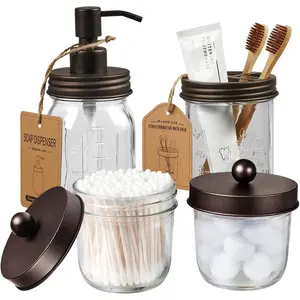 Mason Jar Bathroom Accessories Set(4 Pack) -Bronze-Lotion Soap Dispenser&Qtip Holder Set&Toothbrush Holder-Rustic Farmhouse Decor Apothecary Jar Bathroom Countertop,Vanity Organize (Bronze)