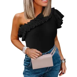 Tankaneo Womens One Shoulder Shirts Ruffle Sleeve Slim Fit Knitted Ribbed Summer Tops