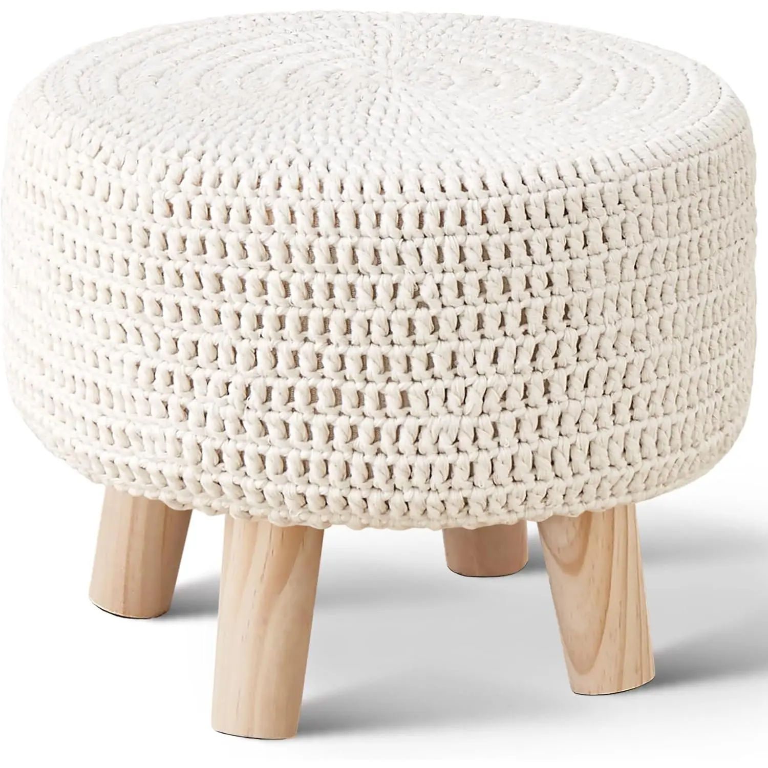 Pouf Ottoman,  Cotton Knitted Boho Footstool, Round Footrest with Non-Skid  , Home Decor Handmade Pouffe, Leisure Floor Step Stool for Living Room (Beige)