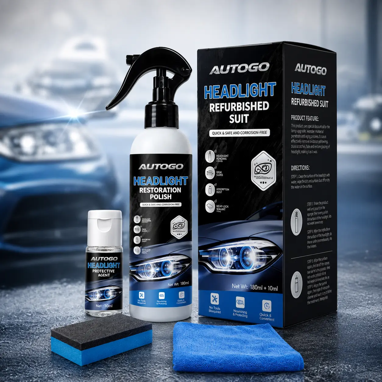 Cars Headlight Restoration Kit,Removes Oxidation & Yellowing, UV Coating | 180ml polish + 10ml ceramic coating, sponge & towel; for cars, trucks, SUVs, motorcycles; long-lasting UV,Perfect Father's Day Gift