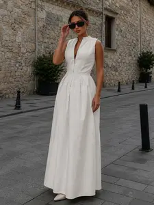 Women's Spring & Summer New Fashion Chic Sleeveless Dress – Small Stand Collar French-Style Maxi Dress, Deep V-Neck, Zipper Waist, Slimming, Retro Minimalist Summer Outfit, Perfect for Work, Parties, Dates, Shopping, and Everyday Wear