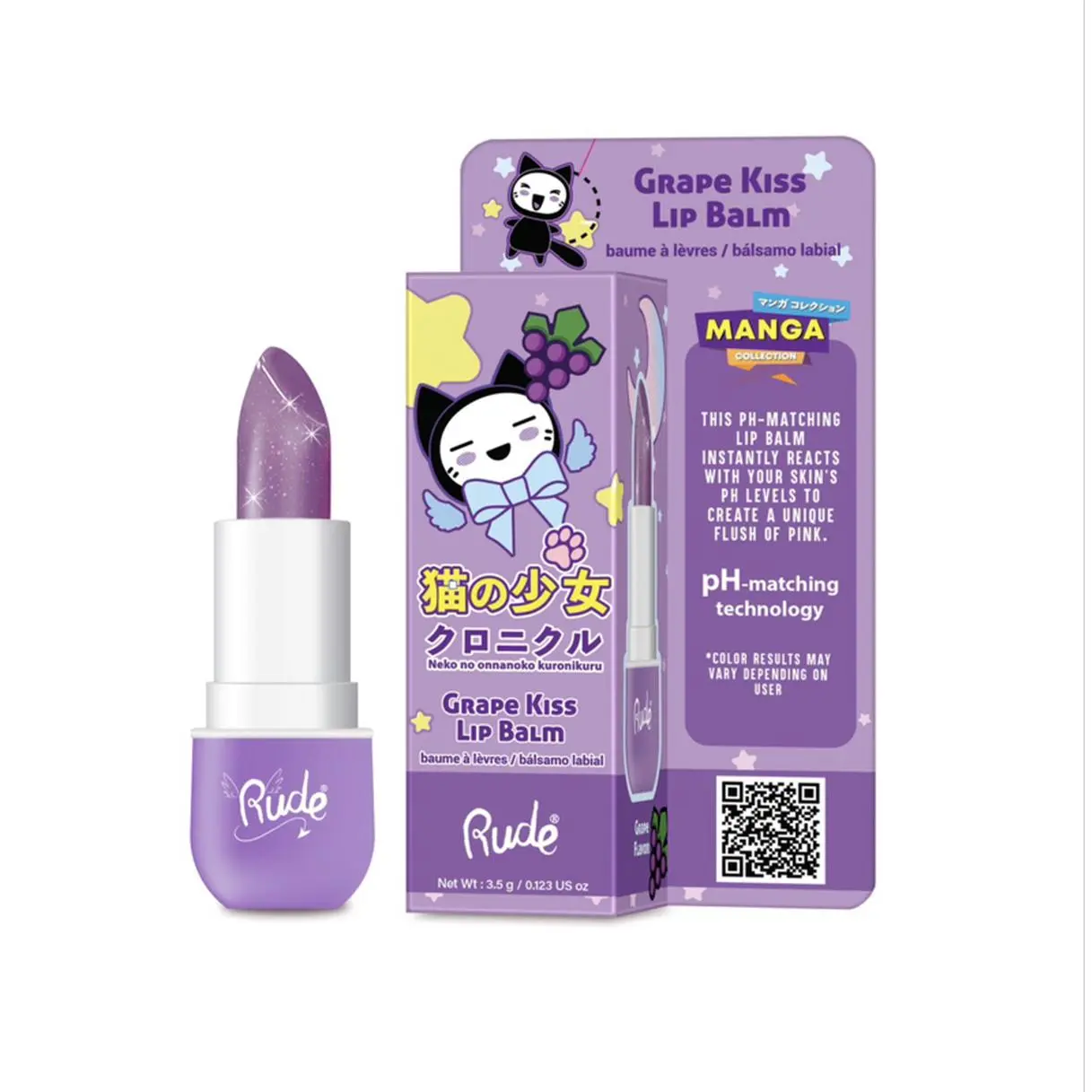 Rude Grape Kiss Purple pH-Matching Lip Balm - Compact Balm Tube with Manga Design, Smooth Texture, Hydration Boost, Unique Pink Flush Effect, Fuller Lips (3.5g)