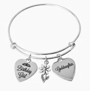 Goddaughter Birthday Bracelet – Birthday Girl & Goddaughter Heart Charm Bangle with Daisy