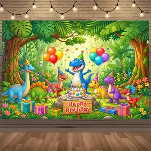 Dinosaur Birthday Party Banner - Happy Birthday Sign with Cartoon Dinosaurs & Balloons, Vibrant Jungle Theme Wall Decorations for Boys Girls Room, Polyester Fabric Photo Backdrop for Indoor/Outdoor Party Decorations