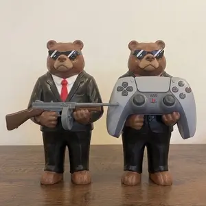 Gangster Bear Controller Stand + Machine Gun Display-Art Prop, Gamepad Holder Dualsense PS5, Gaming Setup Decor Accessory