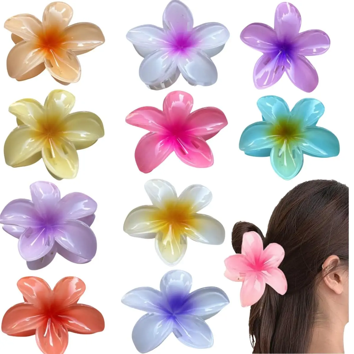 10 count Hawaiian Plumeria Hair Clips, Flower Claw Clips for Thick and Thin Hair, Non-slip Beach Hairpins for Women