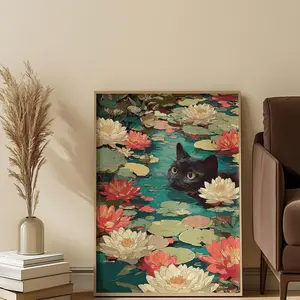 Black Cat Lotus Flower Japanese Art Print: Tranquil Zen Decor | Unframed M