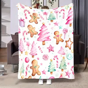 Pink Christmas Gingerbread Men & Tree Print Flannel Blanket - Soft Warm Anti-Tear All-Season Throw for Home, Office, Camping - Cozy Gift for Women, Girls, Birthdays & Holidays, Gingerbread Christmas Decorations