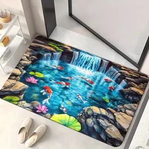 Premium Flannel Material Mat1pc Koi Pond Door Mat - Non-Slip, Absorbent Polyester Carpet Featuring Vibrant Waterfall And Koi Designs, Machine Washable, Suitable for Bathroom, Bedroom, And Living Room, Bathroom Accessory