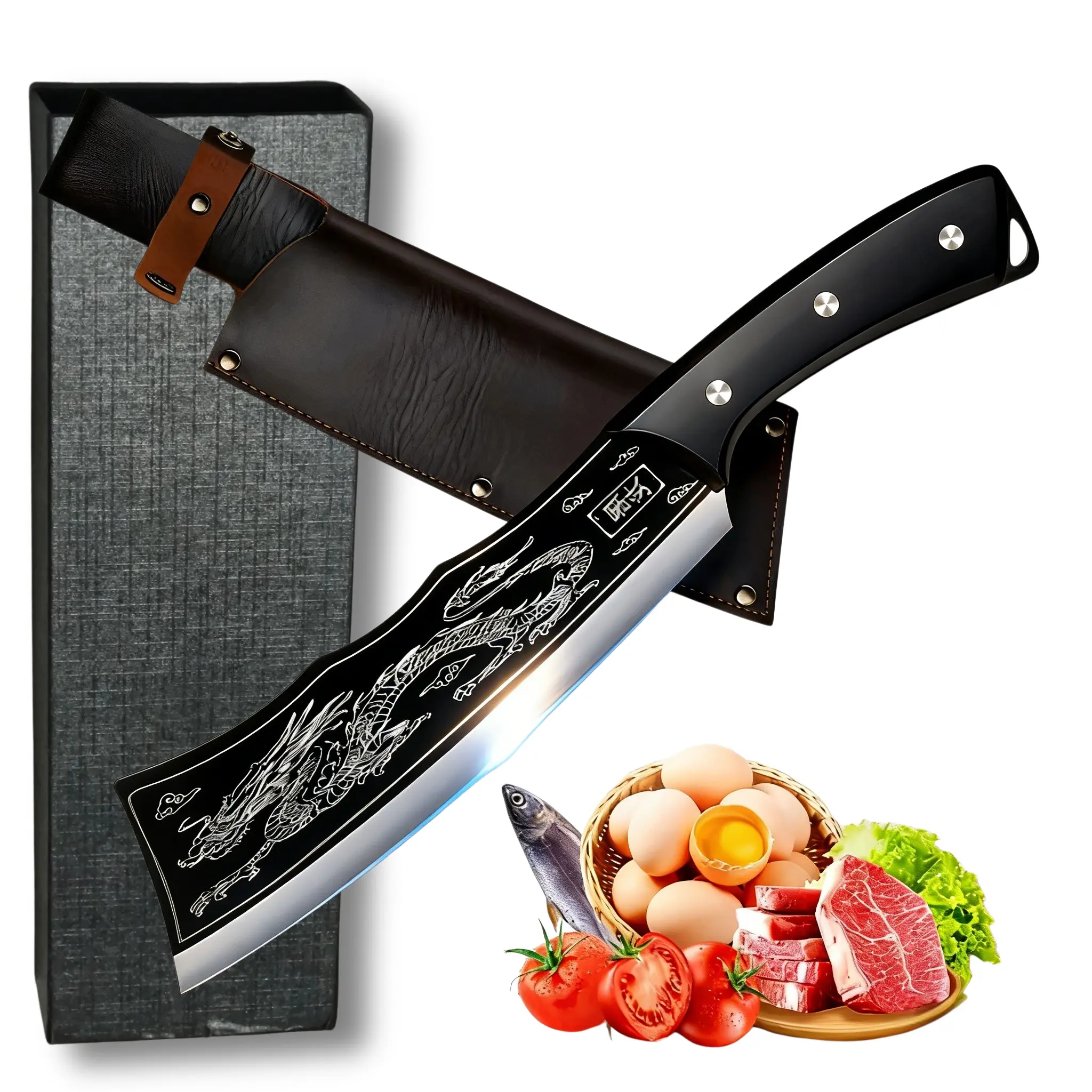 Handmade Japanese Style High Carbon Steel Dragon ChefKnife Hand Forged Sharp Fixed-Blade with LeatherCover, Multi-Purpose Kitchenware,high-quality gift choice Knives household kitchen meat processing