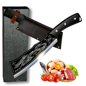 Handmade Japanese Style High Carbon Steel Dragon ChefKnife Hand Forged Sharp Fixed-Blade with LeatherCover, Multi-Purpose Kitchenware,high-quality gift choice Knives household kitchen meat processing