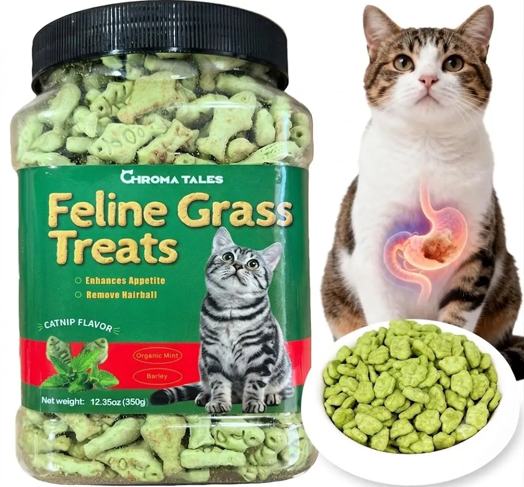 CHROMATALES Feline Grass Treats - Salmon Flavor Cat Food with Catnip, Hairball Control, Dental Support, Crunchy Training Snacks for All Breeds