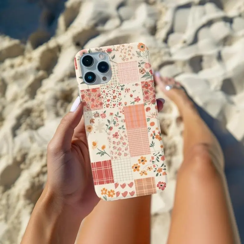 Cottagecore Patchwork Quilt Smartphone Casing - Vintage Flower-Gingham Design, Slim Durable Shock-Resistant TPU-Polycarbonate Shell, Camera Protection, iPhone 11-17 Series Accessory, Women's Aesthetic Gift