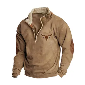 Men's Western Fleece Jacket Cowboy Bull Head Print Pullover 1/4 Zip Stand Collar Long Sleeve Sweatshirts Casual Menswear Cotton Soft