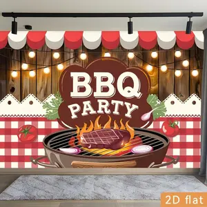 2D Flat - 2D Flat - Flat 2D for Party Banners, a Single Polyester Backdrop for BBQ Events Featuring Steak String Lights in Red And White Checkered Design, Perfect for Decorating Farms, Clubs,