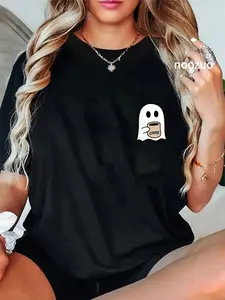 100% Cotton Unisex Ghost Drinking Coffee Funny Halloween Costume Coffee Lover T-Shirt Casual Top