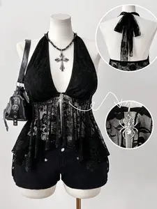 Sunspun Plus Size Women's Sleeveless Spaghetti Strap Asymmetric A-Line Lace Hollow Out See-Through Fake Spider Punk Retro Casual Street Style Camisole Top, Spring/Summer