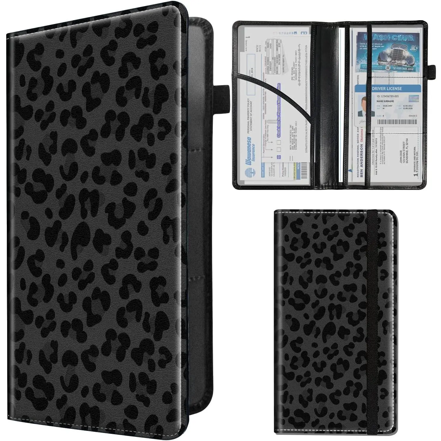 Registration and  Holder,Leather  License and Registration Card Holder for  Glove Box, Auto  Document Holder Organizer for Men Women- Black leopard print
