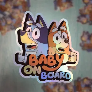 Waterproof Holographic Vinyl Bluey and Bingo Baby on Board Sticker / Baby Car Decal