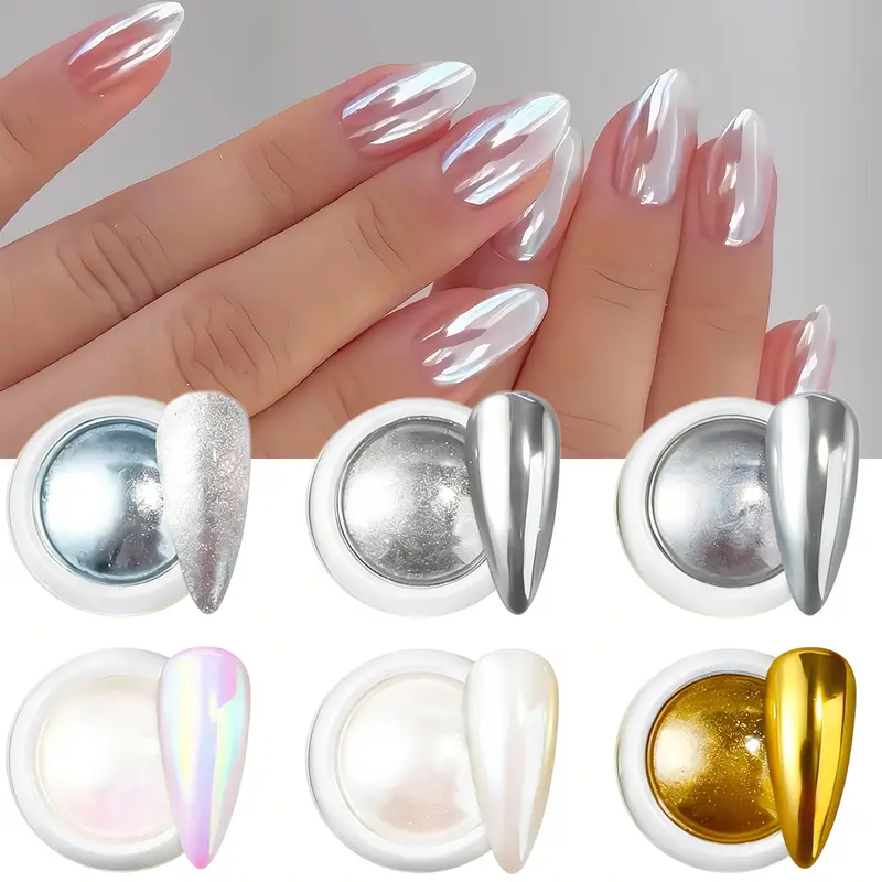 6-Pcs Chrome Nail Kit Set for Beginners, Metallic Gold Silver White Pearl Mirror Powder, Holographic Aurora Iridescent Glitter Pigment, Cat's Eye Effect Decoration, Jar Design, Even Application, Bright Luster for Acrylic Extensions & Artificial Nails
