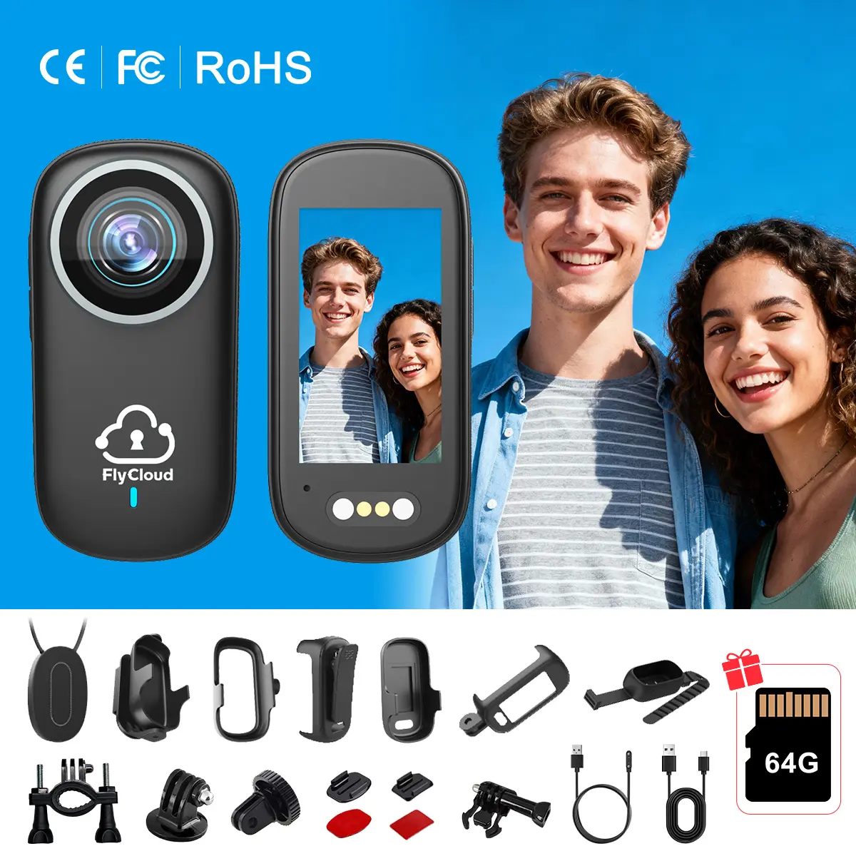FlyCloud M11 4K Ultra HD Mini Magnetic Thumb Action Camera - Wi-Fi Connection, Built-in Screen, Magnetic Back Clip, Necklace/Helmet/Bicycle Mounts - Portable Vlogging Camera, Wearable Video Recorder, Vlogging Gear for Outdoor Sports