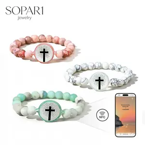 NFC Daily Bible Cross with Stone Bead Bracelet,Couple Bracelet for Birthday / Christmas / New Year / Valentine's Day Love Gift