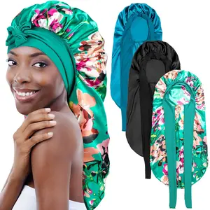 3 Counts Soft Satin Silk Bonnets for Black Women - Style Large Sleep Bonnet for Braids Haircare Elastic Sleeping Cap Heatless (Black&Blue&Flower) Winter giftforher