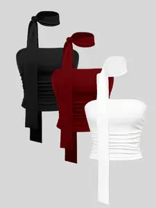 Trendy Y2K sexy style Women pleated strapless crop top three-piece set