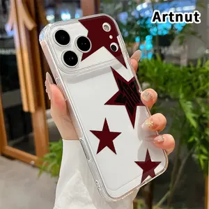 Burgundy Star Array TPU Pattern Phone Case for iPhone 17 15 16 14 Pro Max 13 12 11 Air XR XS E Plus Non-Yellowing Clear Crystal Drop-proof Protection Slim Silicone Cover