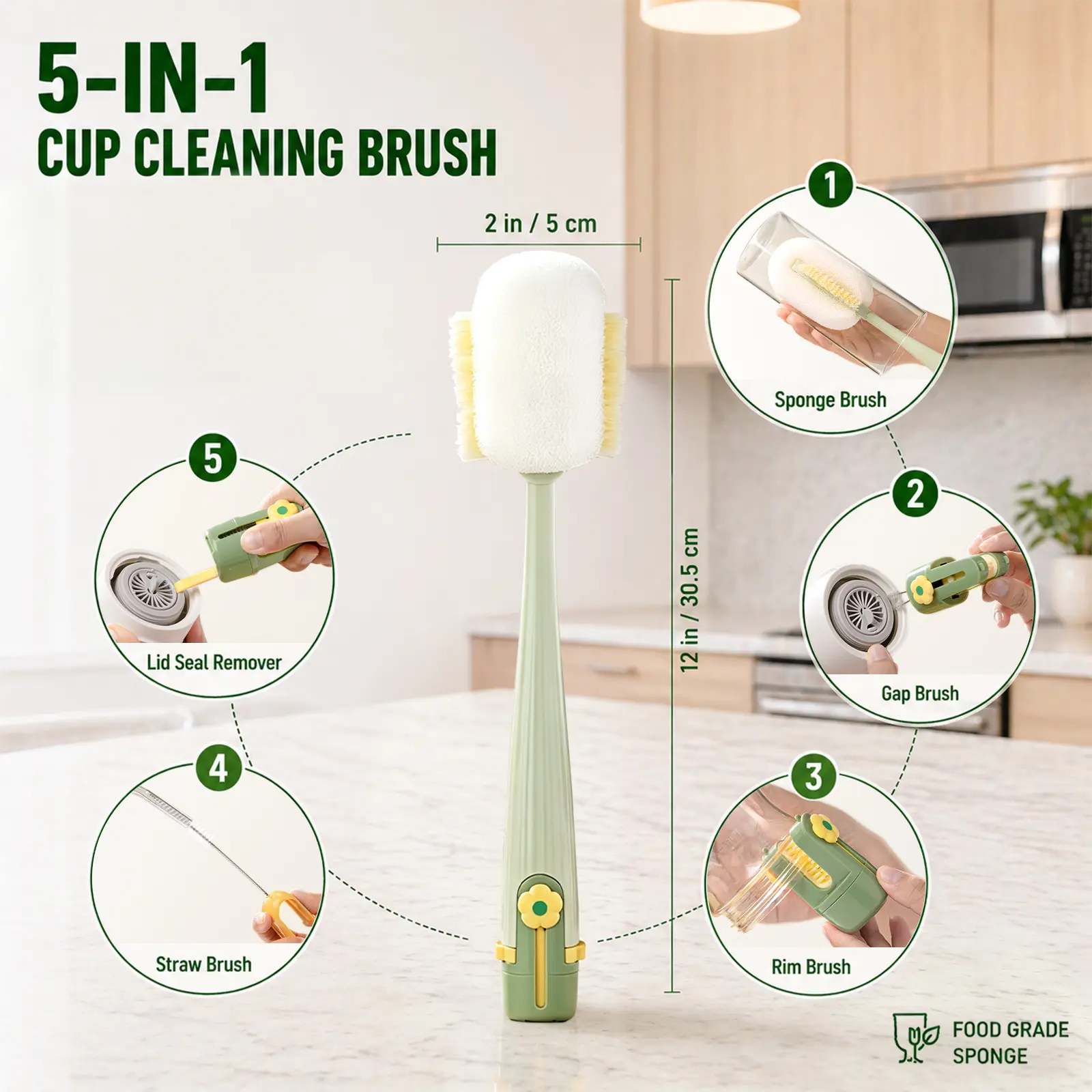 5-in-1 Bottle Brush, Long Handle Cup Cleaner for Water Bottle, Tumbler, Baby Bottle, 360° No Scratch Cleaning Brush