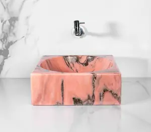 Rose Bahia Square Marble Sink with Free Marble Soap Dispenser for Elegant Bathrooms - Luxurious Marble Finish